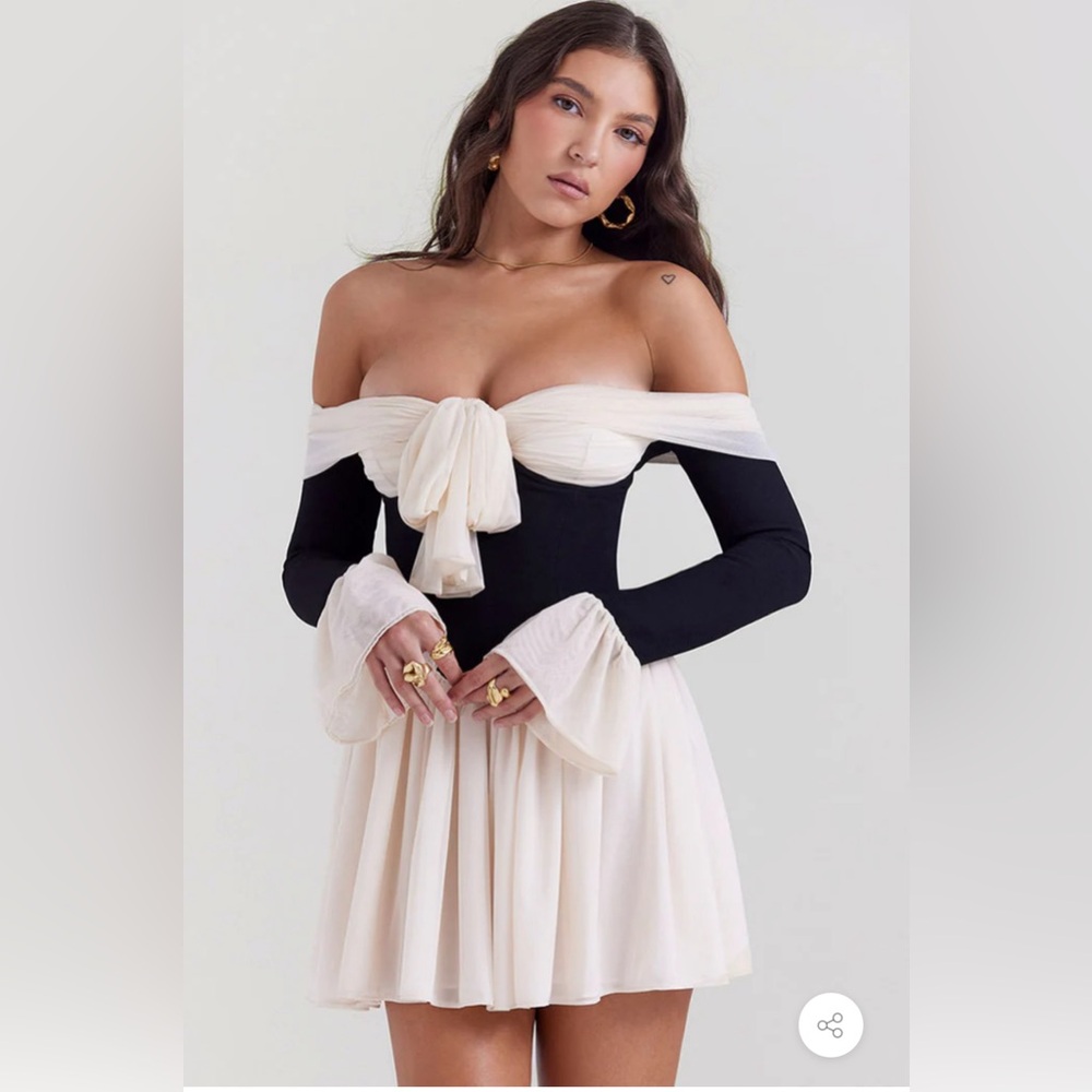 Bow Tie Off The Shoulder Long Sleeve Drop Waist Mini Dress